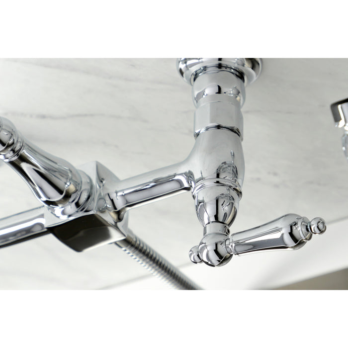 Kingston Heirloom KS1261ALBS - Heritage Two-Handle 3-Hole Wall Mount Bridge Kitchen Faucet with Brass Sprayer, Polished Chrome