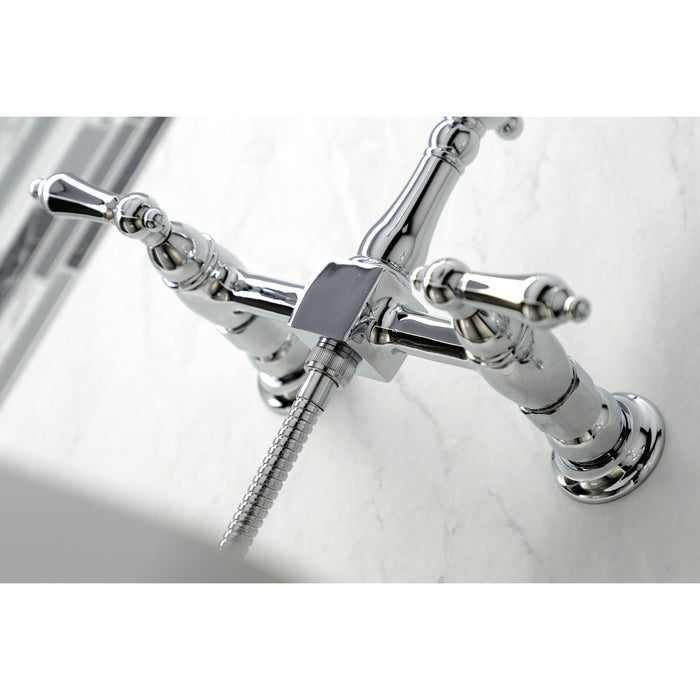Kingston Heirloom KS1261ALBS - Heritage Two-Handle 3-Hole Wall Mount Bridge Kitchen Faucet with Brass Sprayer, Polished Chrome