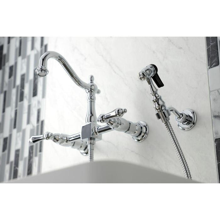 Kingston Heirloom KS1261ALBS - Heritage Two-Handle 3-Hole Wall Mount Bridge Kitchen Faucet with Brass Sprayer, Polished Chrome