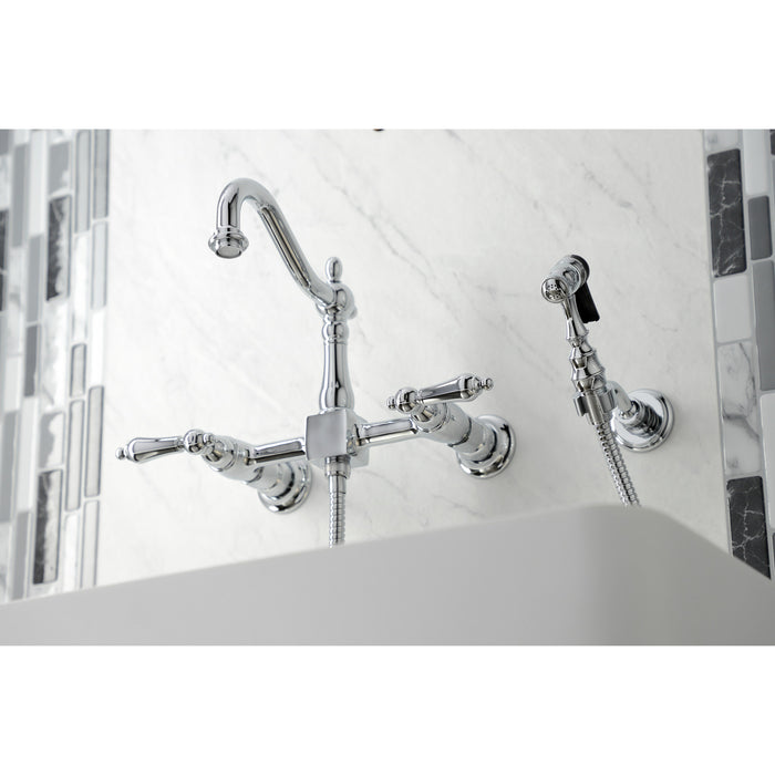 Kingston Heirloom KS1261ALBS - Heritage Two-Handle 3-Hole Wall Mount Bridge Kitchen Faucet with Brass Sprayer, Polished Chrome