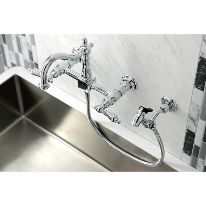 Kingston Heirloom KS1261ALBS - Heritage Two-Handle 3-Hole Wall Mount Bridge Kitchen Faucet with Brass Sprayer, Polished Chrome