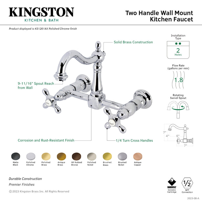 Kingston Heirloom KS1261AX - Heritage Two-Handle 2-Hole Wall Mount Bridge Kitchen Faucet, Polished Chrome