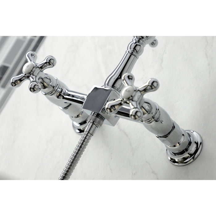 Kingston Heirloom KS1261AXBS - Heritage Two-Handle 3-Hole Wall Mount Bridge Kitchen Faucet with Brass Sprayer, Polished Chrome