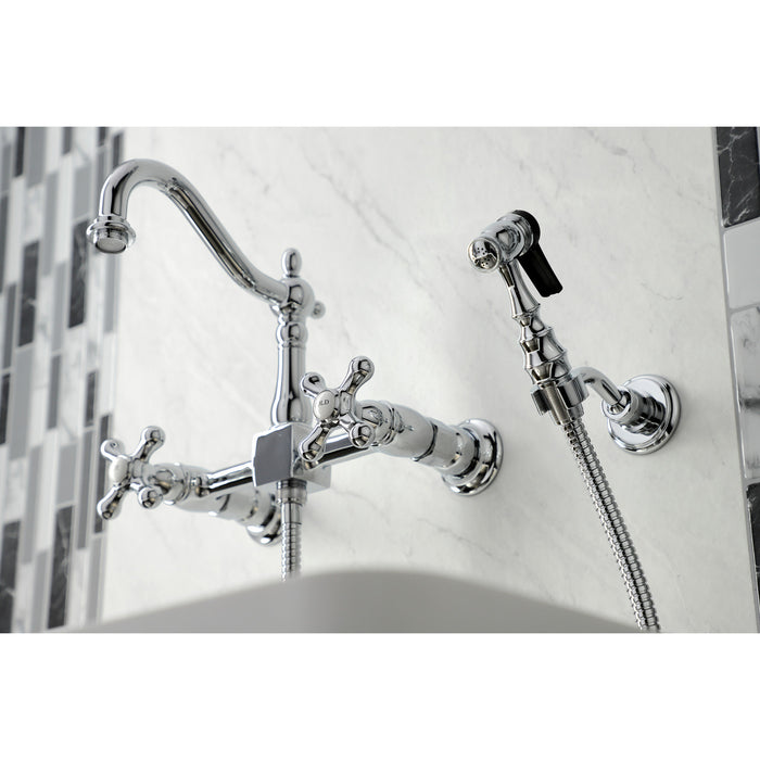 Kingston Heirloom KS1261AXBS - Heritage Two-Handle 3-Hole Wall Mount Bridge Kitchen Faucet with Brass Sprayer, Polished Chrome