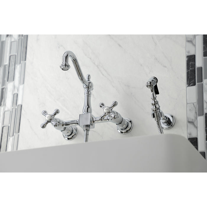 Kingston Heirloom KS1261AXBS - Heritage Two-Handle 3-Hole Wall Mount Bridge Kitchen Faucet with Brass Sprayer, Polished Chrome