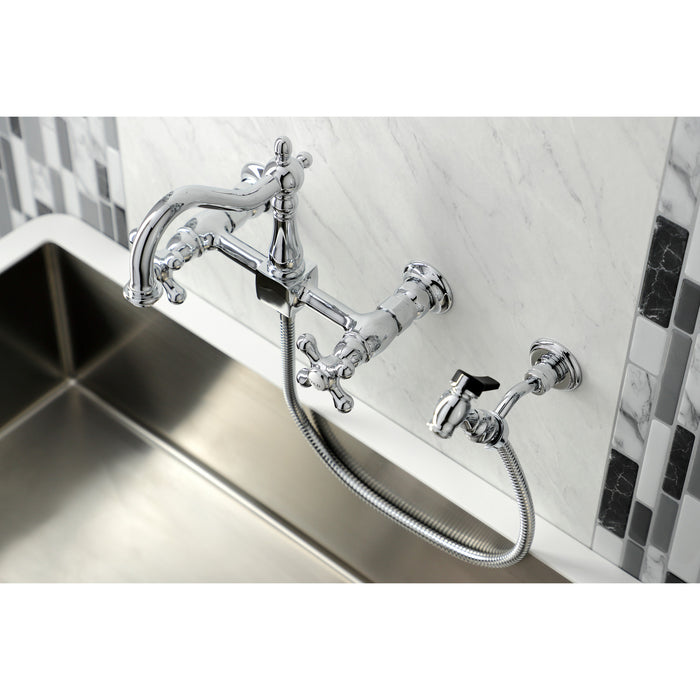 Kingston Heirloom KS1261AXBS - Heritage Two-Handle 3-Hole Wall Mount Bridge Kitchen Faucet with Brass Sprayer, Polished Chrome