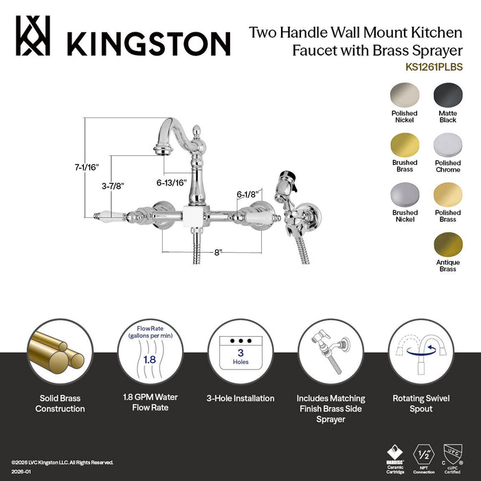 Kingston Heirloom KS1261PLBS - Heritage Two-Handle 3-Hole Wall Mount Bridge Kitchen Faucet with Brass Sprayer, Polished Chrome