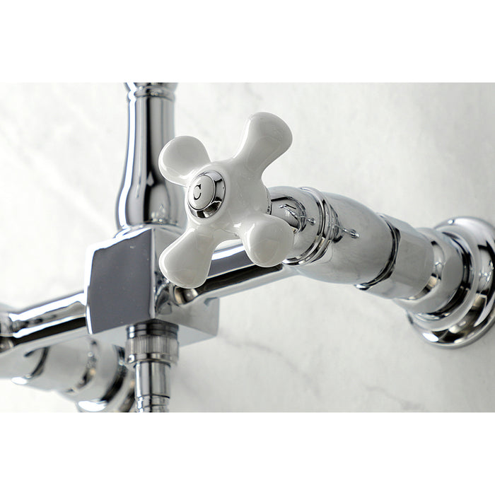 Kingston Heirloom KS1261PXBS - Heritage Two-Handle 3-Hole Wall Mount Bridge Kitchen Faucet with Brass Sprayer, Polished Chrome