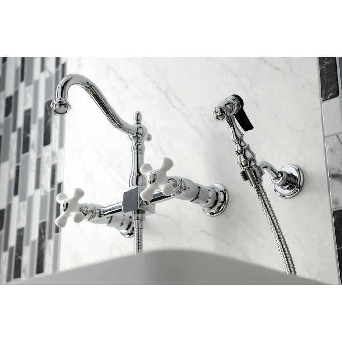 Kingston Heirloom KS1261PXBS - Heritage Two-Handle 3-Hole Wall Mount Bridge Kitchen Faucet with Brass Sprayer, Polished Chrome
