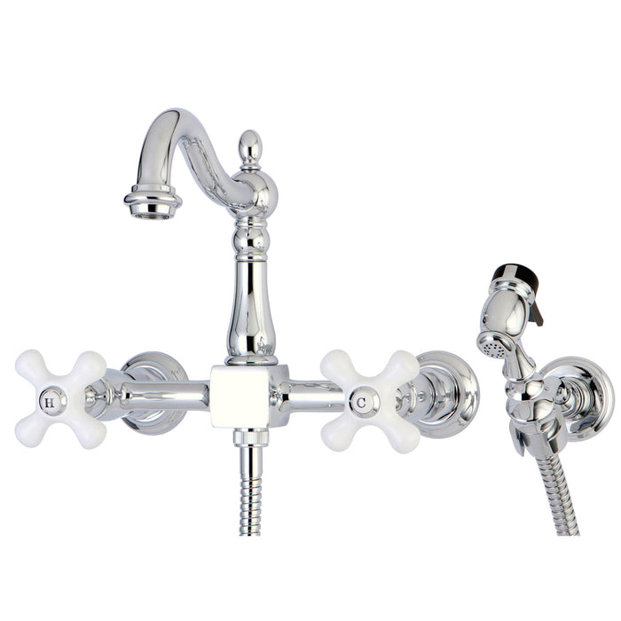 Kingston Heirloom KS1261PXBS - Heritage Two-Handle 3-Hole Wall Mount Bridge Kitchen Faucet with Brass Sprayer, Polished Chrome