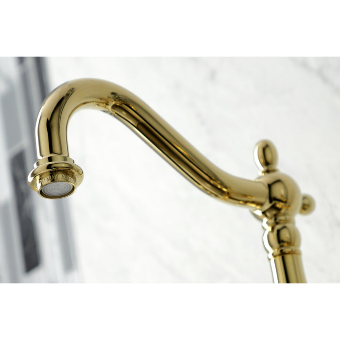 Kingston Heirloom KS1262AXBS - Heritage Two-Handle 3-Hole Wall Mount Bridge Kitchen Faucet with Brass Sprayer, Polished Brass