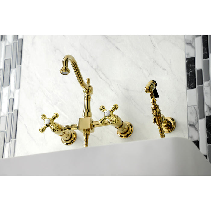 Kingston Heirloom KS1262AXBS - Heritage Two-Handle 3-Hole Wall Mount Bridge Kitchen Faucet with Brass Sprayer, Polished Brass