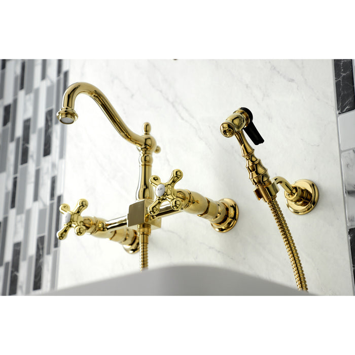 Kingston Heirloom KS1262AXBS - Heritage Two-Handle 3-Hole Wall Mount Bridge Kitchen Faucet with Brass Sprayer, Polished Brass