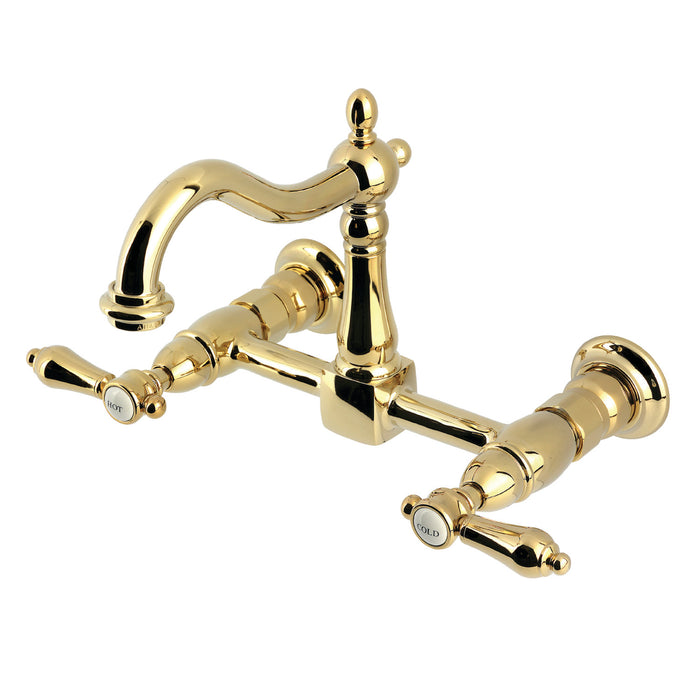Kingston Heirloom KS1262BAL - Heirloom Two-Handle 2-Hole Wall Mount Bridge Kitchen Faucet, Polished Brass