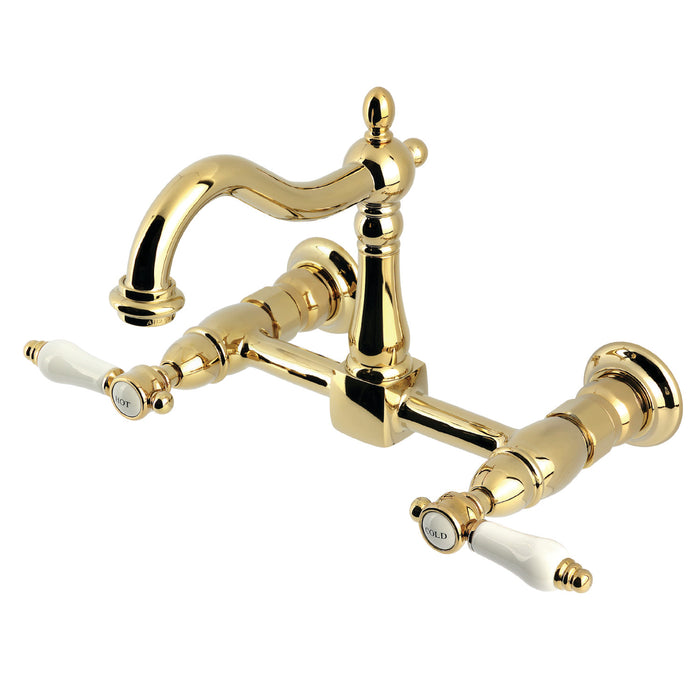 Kingston Heirloom KS1262BPL - Bel-Air Two-Handle 2-Hole Wall Mount Bridge Kitchen Faucet, Polished Brass