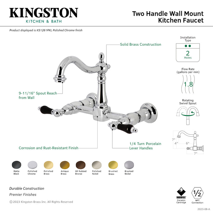 Kingston Heirloom KS1262PKL - Duchess Two-Handle 2-Hole Wall Mount Bridge Kitchen Faucet, Polished Brass
