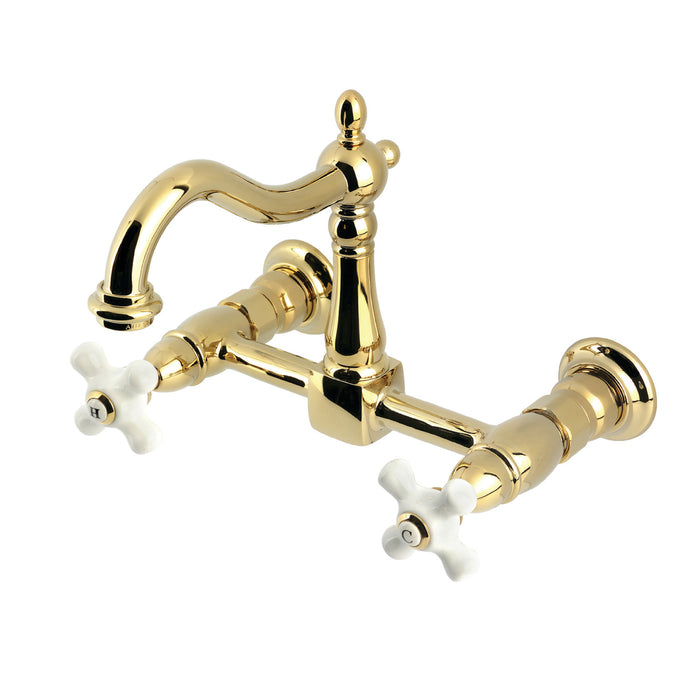 Kingston Heirloom KS1262PX - Heritage Two-Handle 2-Hole Wall Mount Bridge Kitchen Faucet, Polished Brass