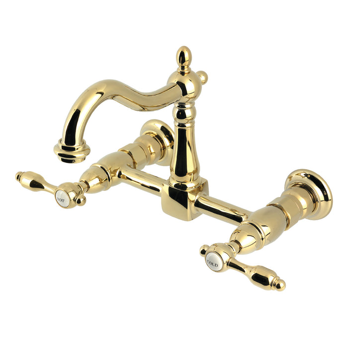 Kingston Heirloom KS1262TAL - Tudor Two-Handle 2-Hole Wall Mount Bridge Kitchen Faucet, Polished Brass
