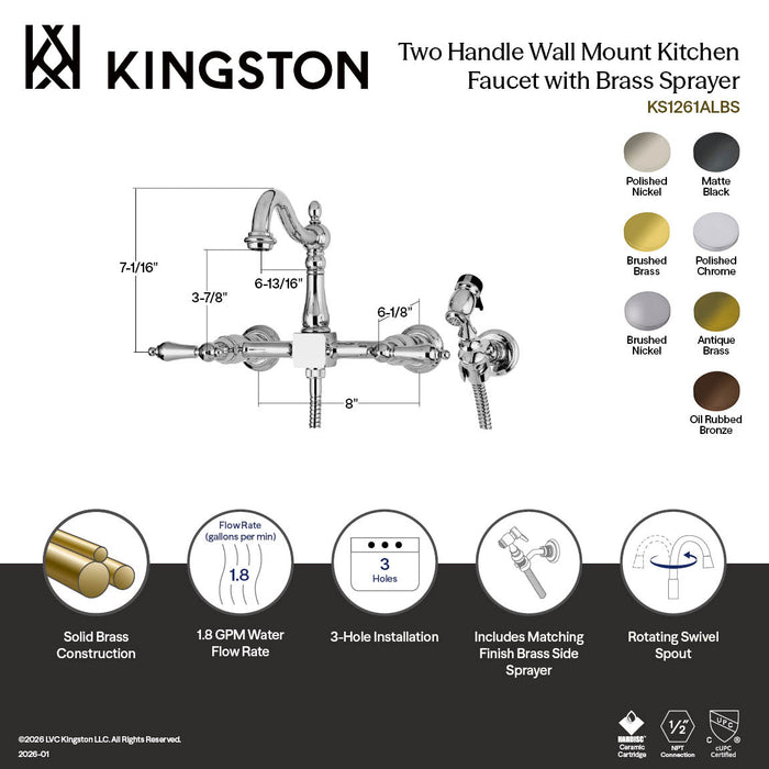 Kingston Heirloom KS1263ALBS - Heritage Two-Handle 3-Hole Wall Mount Bridge Kitchen Faucet with Brass Sprayer, Antique Brass