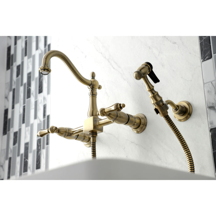 Kingston Heirloom KS1263ALBS - Heritage Two-Handle 3-Hole Wall Mount Bridge Kitchen Faucet with Brass Sprayer, Antique Brass