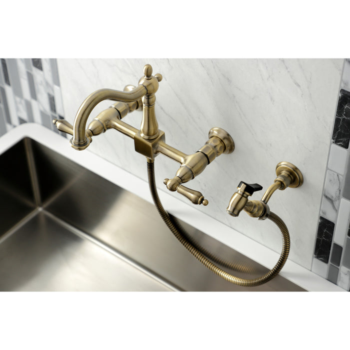 Kingston Heirloom KS1263ALBS - Heritage Two-Handle 3-Hole Wall Mount Bridge Kitchen Faucet with Brass Sprayer, Antique Brass