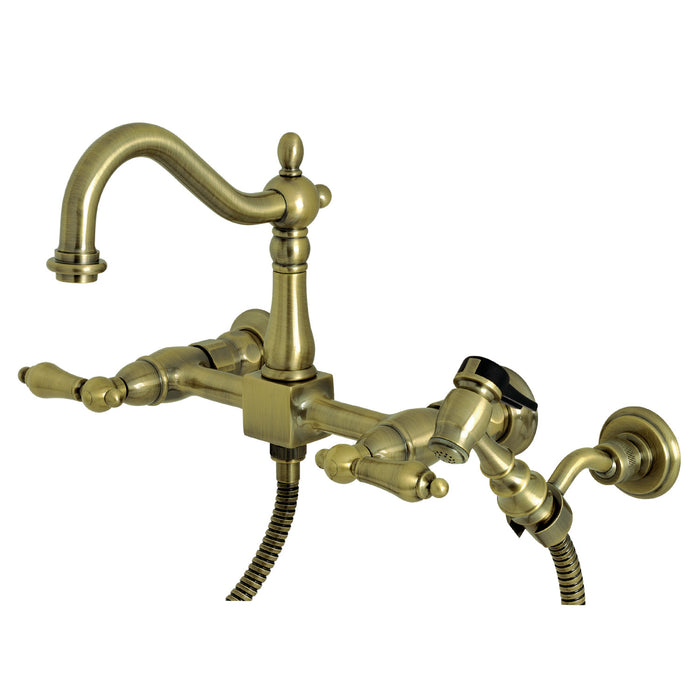 Kingston Heirloom KS1263ALBS - Heritage Two-Handle 3-Hole Wall Mount Bridge Kitchen Faucet with Brass Sprayer, Antique Brass
