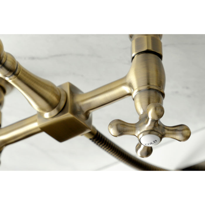 Kingston Heirloom KS1263AXBS - Heritage Two-Handle 3-Hole Wall Mount Bridge Kitchen Faucet with Brass Sprayer, Antique Brass