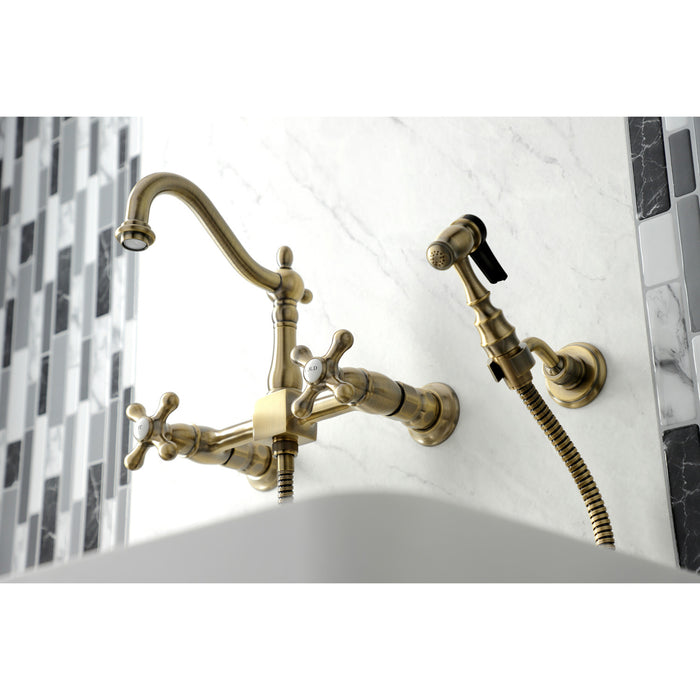 Kingston Heirloom KS1263AXBS - Heritage Two-Handle 3-Hole Wall Mount Bridge Kitchen Faucet with Brass Sprayer, Antique Brass