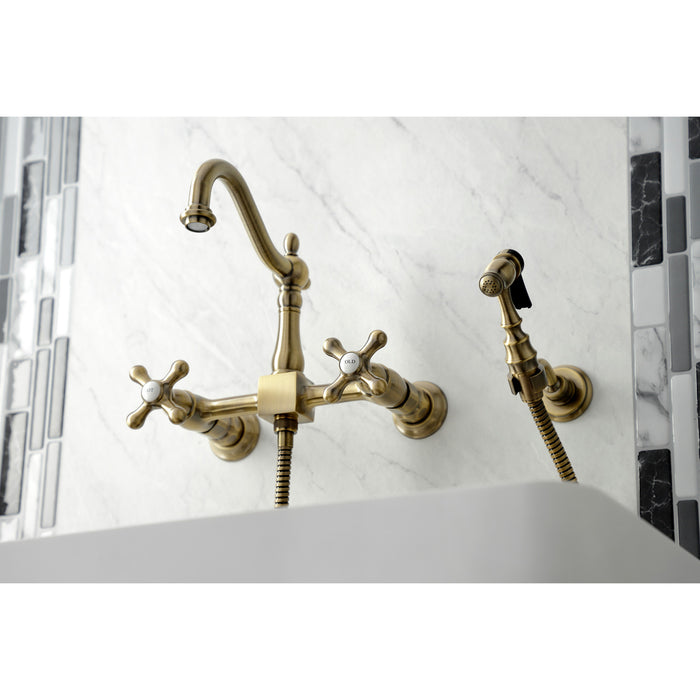 Kingston Heirloom KS1263AXBS - Heritage Two-Handle 3-Hole Wall Mount Bridge Kitchen Faucet with Brass Sprayer, Antique Brass