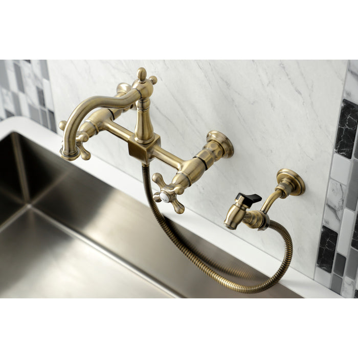 Kingston Heirloom KS1263AXBS - Heritage Two-Handle 3-Hole Wall Mount Bridge Kitchen Faucet with Brass Sprayer, Antique Brass