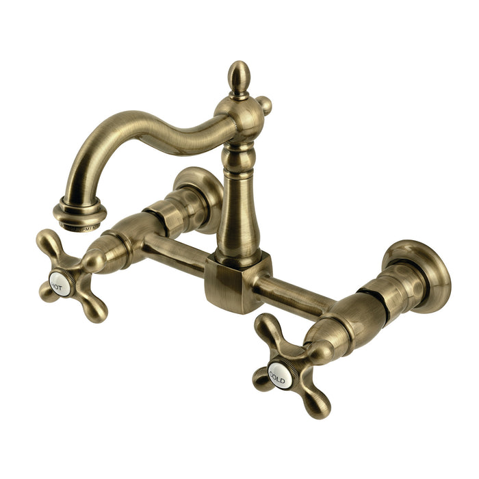 Kingston Heirloom KS1263AX - Heritage Two-Handle 2-Hole Wall Mount Bridge Kitchen Faucet, Antique Brass