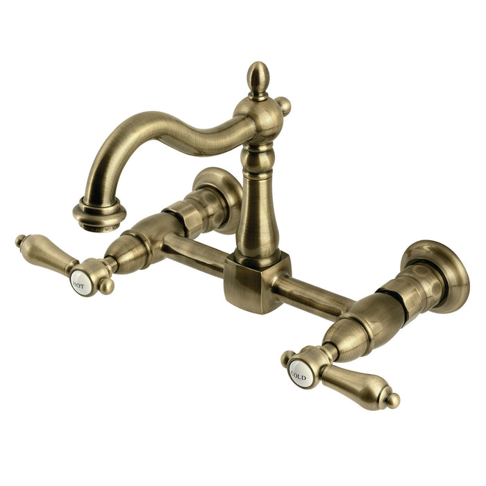 Kingston Heirloom KS1263BAL - Heirloom Two-Handle 2-Hole Wall Mount Bridge Kitchen Faucet, Antique Brass
