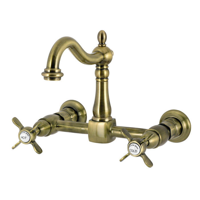 Kingston Heirloom KS1263BEX - Essex Two-Handle 2-Hole Wall Mount Bridge Kitchen Faucet, Antique Brass
