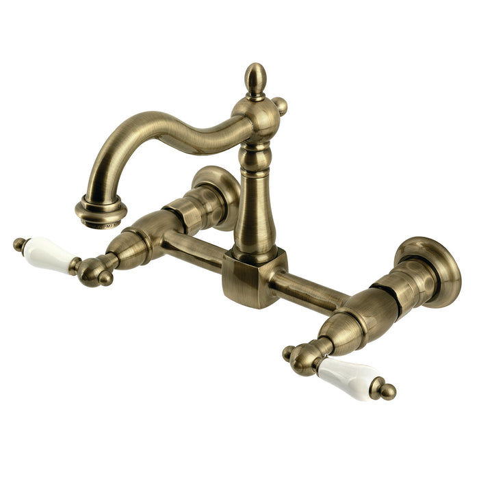 Kingston Heirloom KS1263PL - Heritage Two-Handle 2-Hole Wall Mount Bridge Kitchen Faucet, Antique Brass