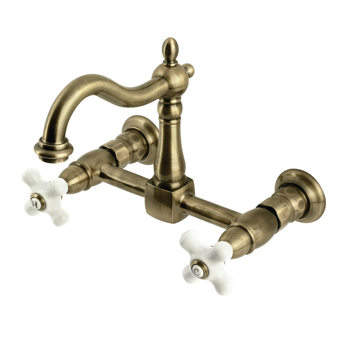Kingston Heirloom KS1263PX - Heritage Two-Handle 2-Hole Wall Mount Bridge Kitchen Faucet, Antique Brass