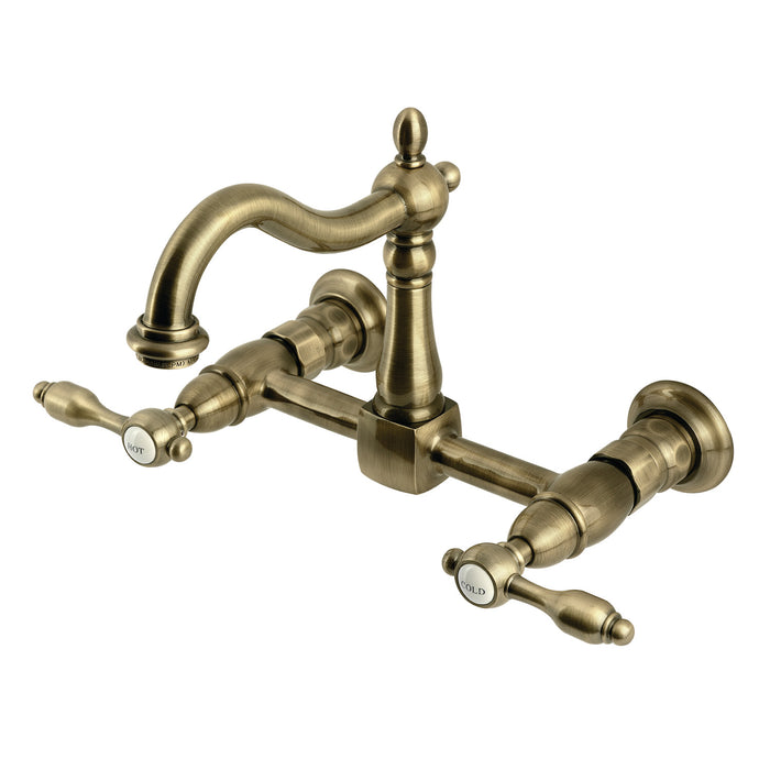 Kingston Heirloom KS1263TAL - Tudor Two-Handle 2-Hole Wall Mount Bridge Kitchen Faucet, Antique Brass