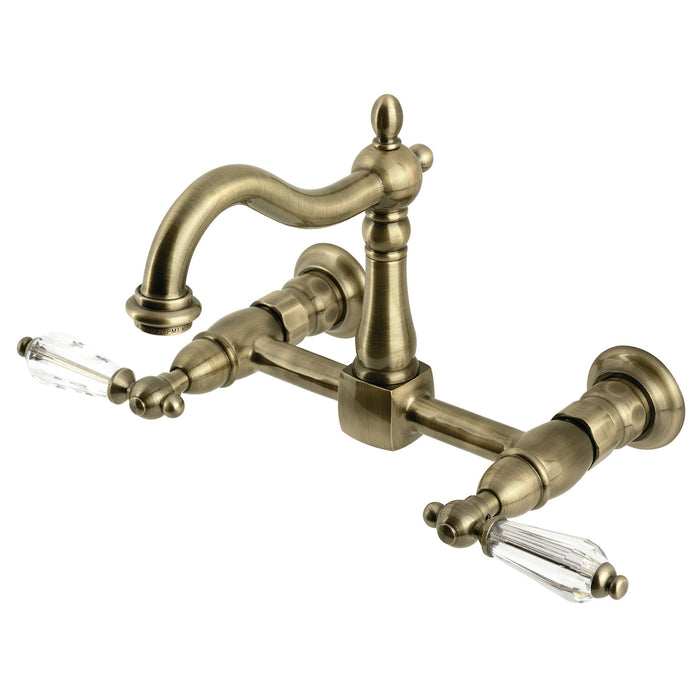Kingston Heirloom KS1263WLL - Willshire Two-Handle 2-Hole Wall Mount Bridge Kitchen Faucet, Antique Brass