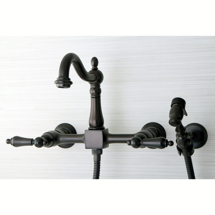 Kingston Heirloom KS1265ALBS - Heritage Two-Handle 3-Hole Wall Mount Bridge Kitchen Faucet with Brass Sprayer, Oil Rubbed Bronze