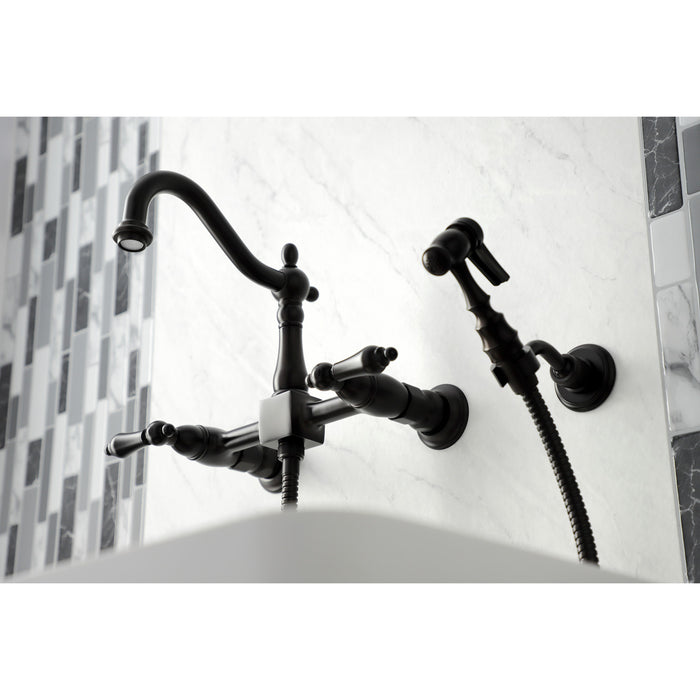Kingston Heirloom KS1265ALBS - Heritage Two-Handle 3-Hole Wall Mount Bridge Kitchen Faucet with Brass Sprayer, Oil Rubbed Bronze