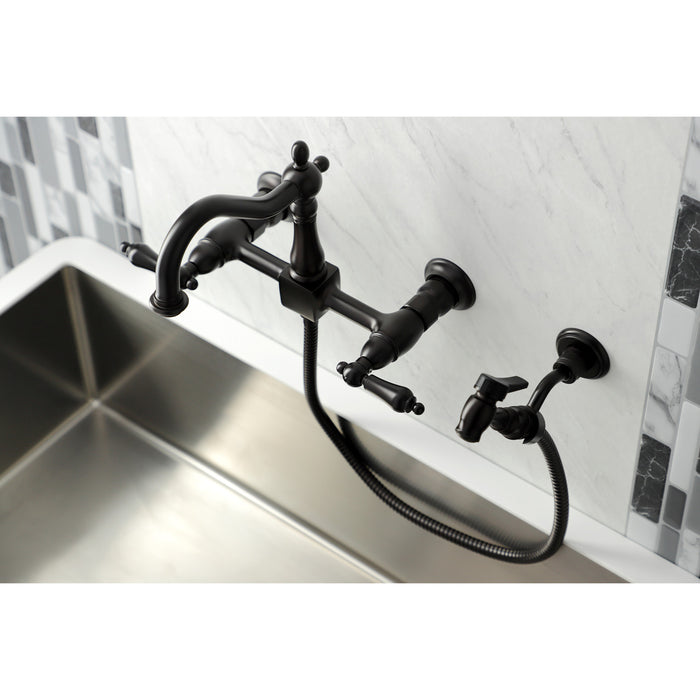 Kingston Heirloom KS1265ALBS - Heritage Two-Handle 3-Hole Wall Mount Bridge Kitchen Faucet with Brass Sprayer, Oil Rubbed Bronze