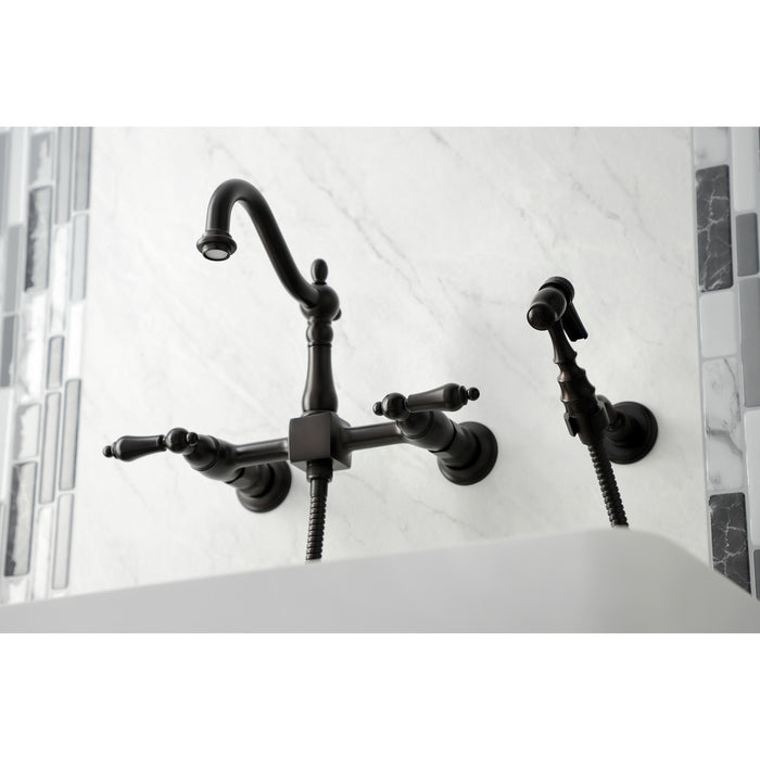 Kingston Heirloom KS1265ALBS - Heritage Two-Handle 3-Hole Wall Mount Bridge Kitchen Faucet with Brass Sprayer, Oil Rubbed Bronze