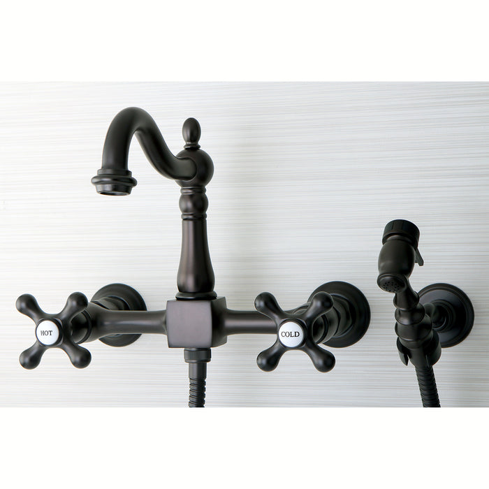 Kingston Heirloom KS1265AXBS - Heritage Two-Handle 3-Hole Wall Mount Bridge Kitchen Faucet with Brass Sprayer, Oil Rubbed Bronze