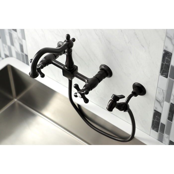 Kingston Heirloom KS1265AXBS - Heritage Two-Handle 3-Hole Wall Mount Bridge Kitchen Faucet with Brass Sprayer, Oil Rubbed Bronze