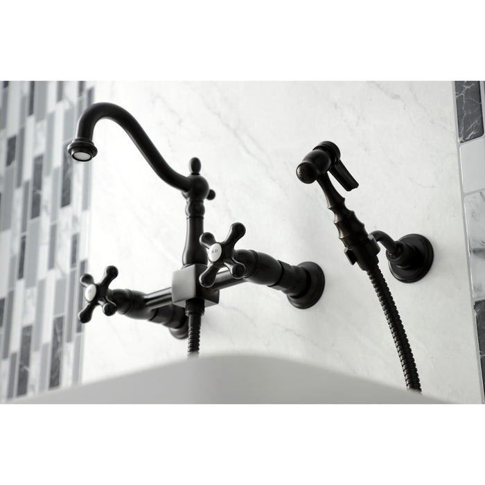 Kingston Heirloom KS1265AXBS - Heritage Two-Handle 3-Hole Wall Mount Bridge Kitchen Faucet with Brass Sprayer, Oil Rubbed Bronze