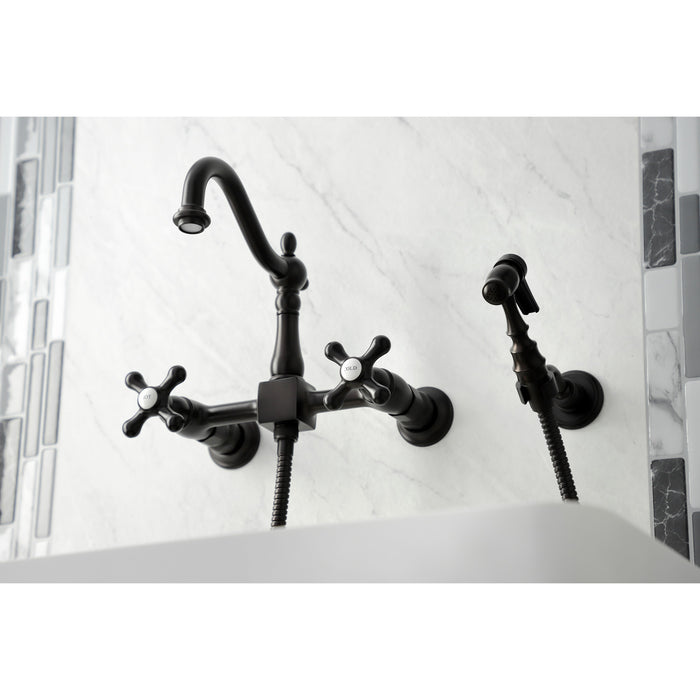 Kingston Heirloom KS1265AXBS - Heritage Two-Handle 3-Hole Wall Mount Bridge Kitchen Faucet with Brass Sprayer, Oil Rubbed Bronze