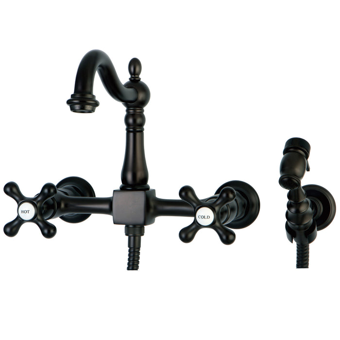 Kingston Heirloom KS1265AXBS - Heritage Two-Handle 3-Hole Wall Mount Bridge Kitchen Faucet with Brass Sprayer, Oil Rubbed Bronze