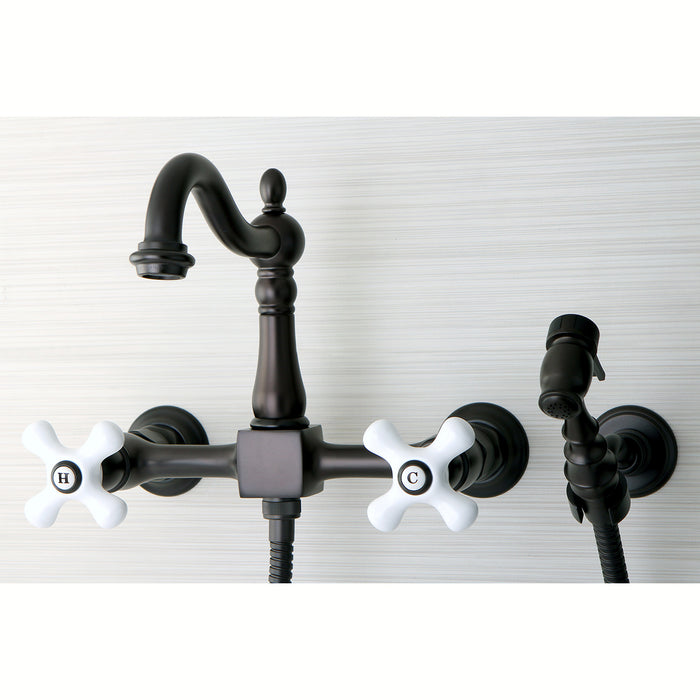 Kingston Heirloom KS1265PXBS - Heritage Two-Handle 3-Hole Wall Mount Bridge Kitchen Faucet with Brass Sprayer, Oil Rubbed Bronze