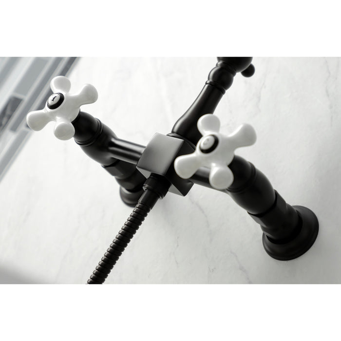 Kingston Heirloom KS1265PXBS - Heritage Two-Handle 3-Hole Wall Mount Bridge Kitchen Faucet with Brass Sprayer, Oil Rubbed Bronze