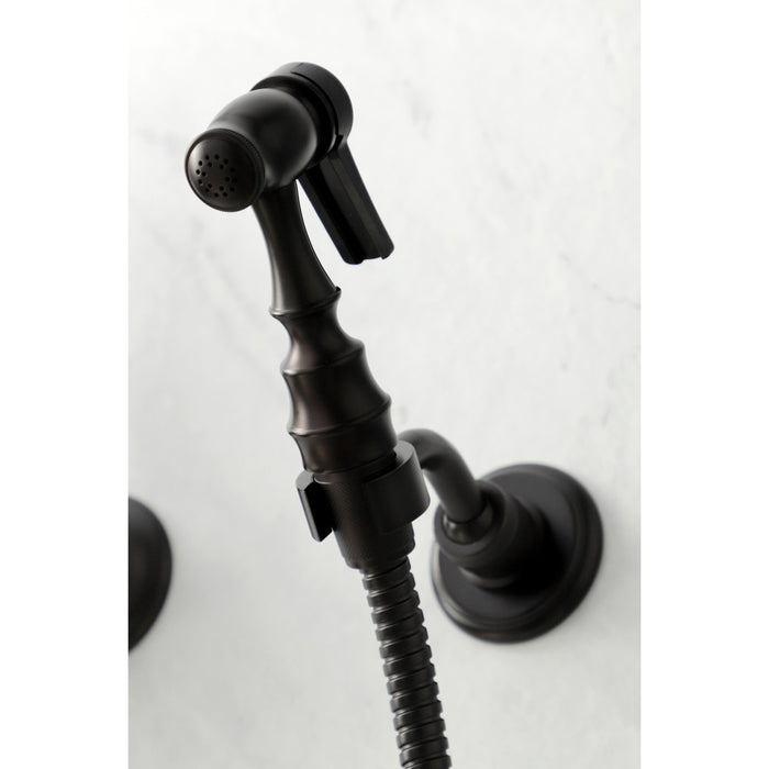 Kingston Heirloom KS1265PXBS - Heritage Two-Handle 3-Hole Wall Mount Bridge Kitchen Faucet with Brass Sprayer, Oil Rubbed Bronze