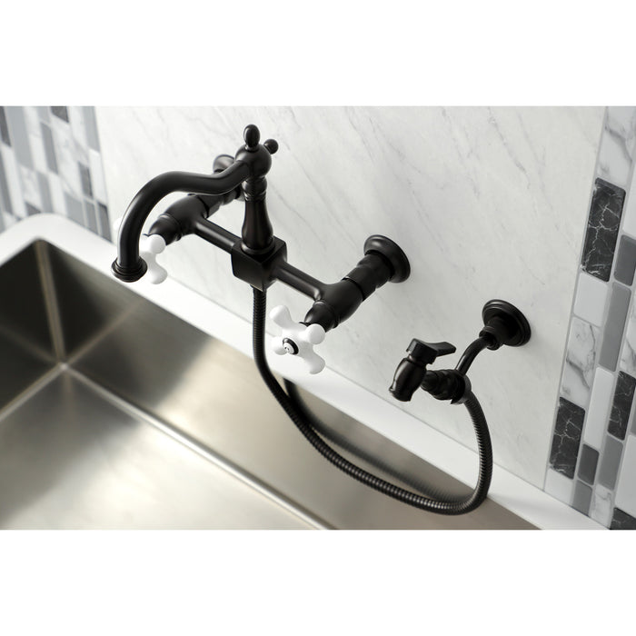 Kingston Heirloom KS1265PXBS - Heritage Two-Handle 3-Hole Wall Mount Bridge Kitchen Faucet with Brass Sprayer, Oil Rubbed Bronze